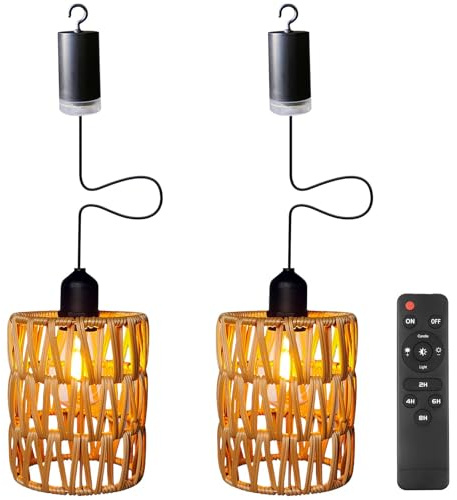 2 Stück Rattan Hängelampe Außen Innen Hängeleuchte Boho Batteriebetriebene Lampe Hängeleuchte Ohne Stromanschluss Tragbare Korb Lampenschirm Pendelleuchte für Innen Außen Garten