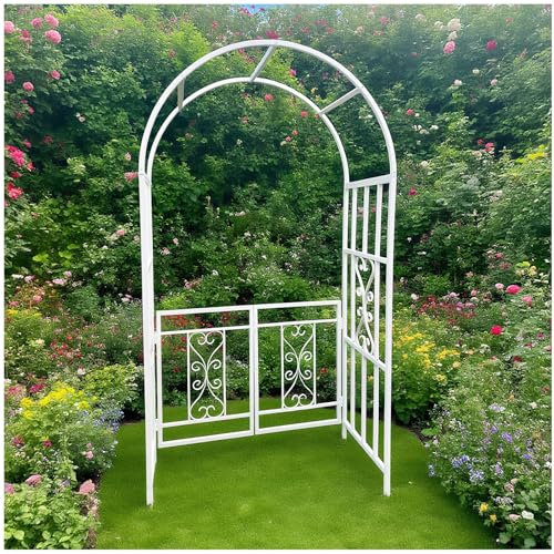 Rosenbogen Mit Tor, Gartenbogen Aus Metall Mit Tür, Stabiler Torbogen Für Kletterpflanzen, Rankhilfe Und Rankgitter, Wetterfester Rankbogen Für Rosen Und Weinreben 114 × 210 × 52 cm B×H×T(Weiß)