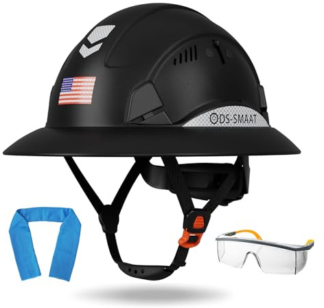 DS-SMAAT Construction Wide Brim Hard Hat,Full Brim Hard Hat ANSI Z89.1 Type 1 & OSHA Certified Safety Helmet with Glasses, with 6-Point Suspension & 4 Ventilation Ports (Black)