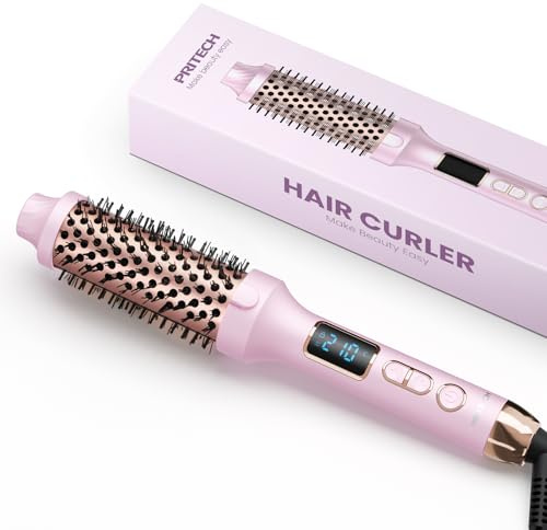 PRITECH Thermobürste, 38MM Thermal Brush Beheizte Ionische Lockenbürste Macht das Haar Glatter, 5 Temperaturstufen Lockenstab Lockenwickler Hot Styling Volumenbürste, Doppelspannung