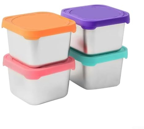 Paquete de 4 recipientes para aperitivos, de acero inoxidable con tapas de silicona, cuadradas, de metal, a prueba de fugas, para escuela, oficina, viajes, aperitivos, preparación de comidas, 6 onzas