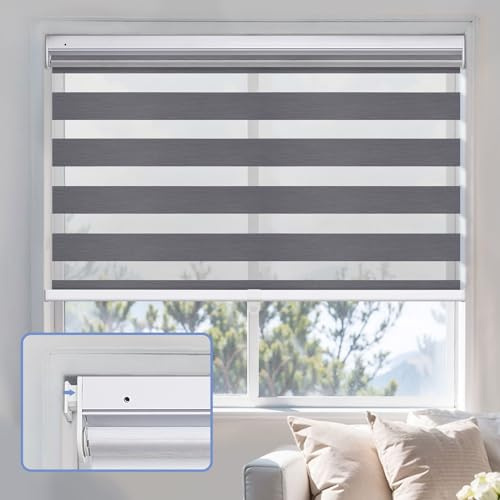 Keego No Drill Day Night Blind Zebra Roller Blinds,Cordless Blackout Blinds Dim or Translucent Window Shades for Bedroom, Kitchen(80% Blackout Dark Grey,Custom Sizes)