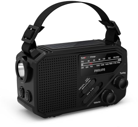 Philips TAR1659 Portable FM/AM radio with Internal Rechargeable Battery, AAA Battery & Crank Backup, Solar Power, Built-In LED Light & Torch for Camping, Hiking & Power Outages