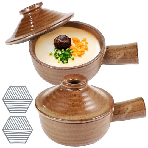 Kronabelle 2 Sets Ceramic Egg Cookers for Microwave, Heat-Resistant Silicone Pads Included, Egg Poachers with Dome Lids & Hollow Handles, 12 Oz Bowls for Eggs, Soup, Oven & Dishwasher Safe