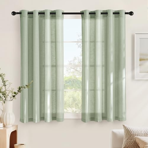 NICETOWN Grün Leinen Kruz Gardinen Halbtransparente Vorhänge für Wohnzimmer/Schlafzimmer mit Ösen 2er Set H 145 x B 140 cm Graugrün, Gardine Leinenoptik Modern Ösenvorhang