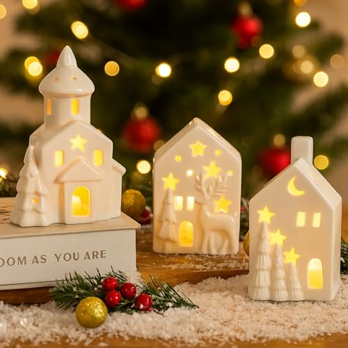 Weihnachtsdorf mit Beleuchtung, Weihnachtsdeko Häuser, LED Keramik Wichtelhaus Weihnachten Deko Innen, Beleuchtet Weihnachtshäuser Weiß Lichthäuser Weihnachtsdorf Häuser für DIY Weihnachtsstadt (F)