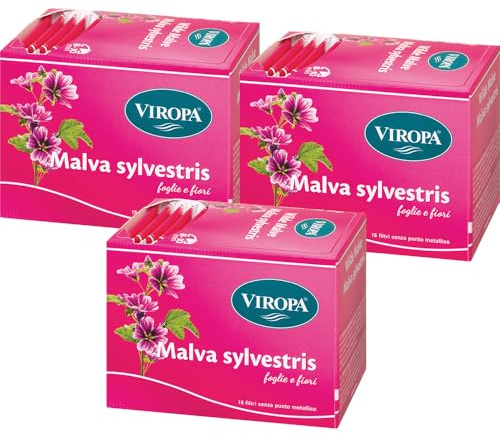 VIROPA Malva Sylvestris BIO – Tisana Naturale di Fiori e Foglie di Malva – 3 Confezioni da 15 Filtri – 100% Biologica, Senza Glutine, Calmante e Lenitiva – Prodotto in Alto Adige