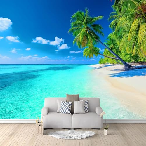 Fotomurales Playa Tropical Cocoteros 250x175 cm Papel Tapiz Fotográfico no tejido 3D Moderna Fondo De Pantalla Mural Decoración De Pared Sala Cuarto Oficina Salón