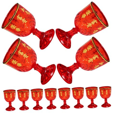 Ipetboom 12 Bicchieri da Vino di Piccole Dimensioni in Plastica Rossi per Matrimonio, Coppa di Vino Tradizionale Simboli di Fortuna, Tazze a Tema Cinese per Feste e Ricevimenti