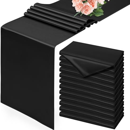 Confezione da 12 runner da tavola in raso nero, 30 x 183 cm, in seta liscia, per tavolo da pranzo, matrimoni, feste, banchetti, eventi, lauree, fidanzamenti e casa