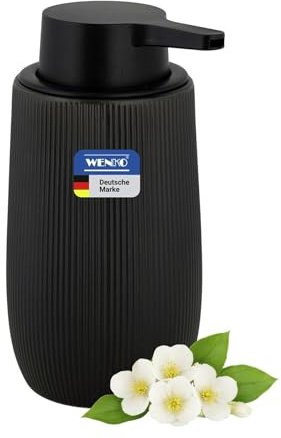 WENKO Seifenspender Mod. Fablo aus Keramik mit Rillenoptik, freistehend, 400 ml, Pumpspender für Bad, Gäste-WC oder Küche, geeignet für Flüssigseife und Spülmittel, schwarz matt