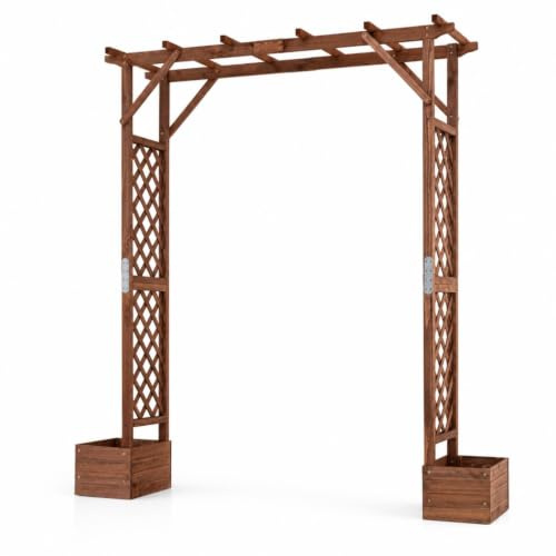 HOMASIS Arche Jardin Extérieur en Bois, Pergola Extérieur avec Jardinère, Treilli pour Plantes Grimpantes Fleurs, Légumes, Décoration de Patio Arrière-Cour (Rouge Brun)