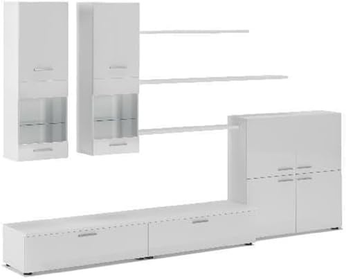 Skraut Home – Wohnzimmermöbel – 189 x 300 x 42 cm – LED-Beleuchtungssystem – Beta-Modell – große Speicherkapazität – moderner Stil – weißes Finish