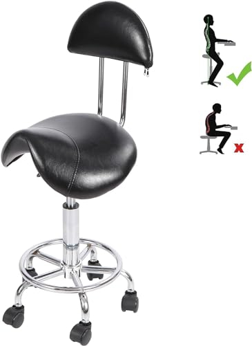REDCAMP Sattelhocker mit Rollen & Rückenlehne | Ergonomischer Bürohocker 360° Drehbar | Höhenverstellbar (50-66 cm) | 180kg Traglast | Silent-Rollen für Küche Massage Büro | Schwarz