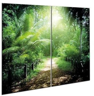 decorwelt |Herdabdeckplatte Glas Set 2x30x52 cm Ceranfeld Abdeckung Spritzschutz Abdeckplatte rutschfest Ceranfeldabdeckung Grün Wald