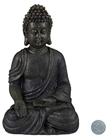 Relaxdays Statua del Buddha Seduto, 30cm da Giardino e Soggiorno, in Poliresina, Impermeabile Anti-Gelo Grigio Scuro