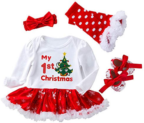 Winmany Mameluco de Navidad para niñas recién Nacidas, Vestido con tutú, Diadema, Calentador de piernas, Conjunto de Zapatos, Mono para bebé (Árbol, 6-12 Meses)