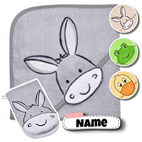 Baby Kapuzenhandtuch Set mit Waschlappen | Baby Handtuch 80 x 80 cm Kapuzenbadetuch | personalisiert | Baby Badetuch Bestickt mit Namen | Baby Erstausstattung | Jungen Mädchen (Esel Grau)