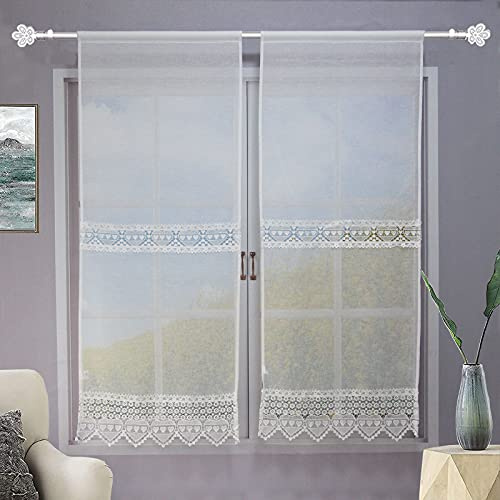 Coppia Tendine Finestra Con Pizzo Ricamato Fiore Tenda Cucina Moderna Lino-Poliestere Shabby Chic Tinta Unita 2 Unità Bianco (Amore Bianco, 60x150cm)