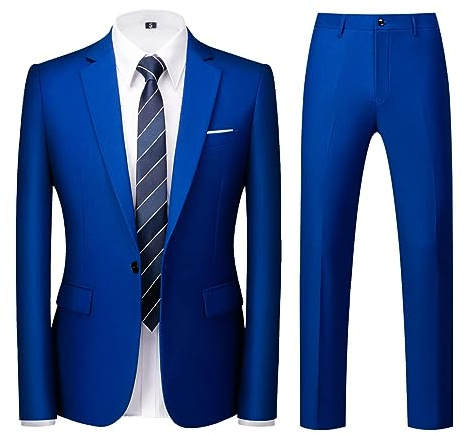 Män kostymer 2 delar smal passform enkelknäppt en knapp bröllop affärer vardaglig smoking kostym blazer byxor kostym set, Juvel blå, M
