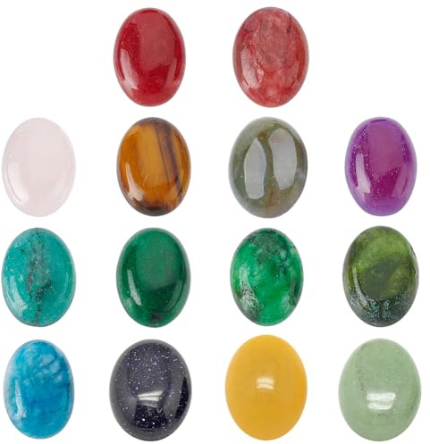 SUPERFINDINGS 14 Stück 14 Stile 18x13mm Natürlicher Ovaler Edelstein Cabochon Natürlicher Synthetischer Edelstein Mit Flacher Rückseite Chakra Heilkristall Cab Abdeckungen Zum Basteln