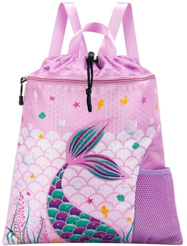 WAWSAM Mermaid Kids Drawstring Backpack String Bag, 15” × 17” Gym Bag Cinch Bag for Girls Kids Waterproof Swim Beach Bag, Back to School Birthday Gift with Zippered Pocket and Bottle Pocket