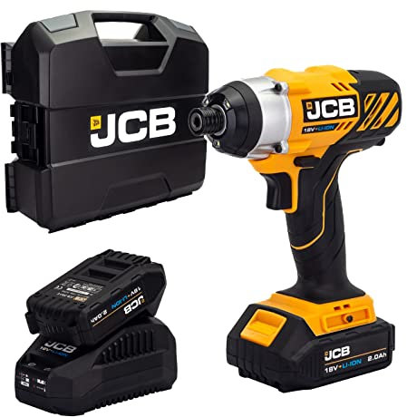 JCB 18V Cordless Impact Driver, 2X 2.0Ah Battery, Fast Charger, Powerful 150Nm Torque, 1/4 Hex Quick Chuck Change, Rubber Grip Overmould, Belt Clip & LED Light in Power Tool Case, 3 Year Warranty