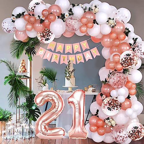 21 Geburtstag Frauen Deko, 21. Rosegold Ballongirlande Geburtstagsdeko Frau Partydeko 21 Jahr Dekoration mit Happy Birthday Girlande, Weiß Luftballons Roségold Konfetti Ballons
