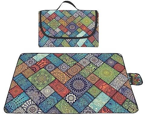 Picknickdecke wasserdicht, große Picknick Decke 200x200cm Sanddicht Picknickdecke Strandmatte Leicht und Tragbar für Strand Park Wandern Camping Großartig Familienreisen BlaugrüNes Mandala