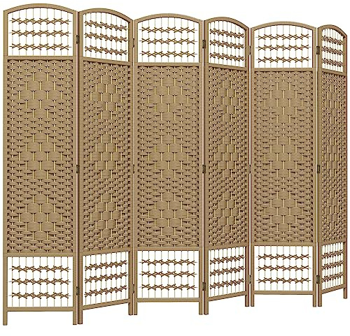 HOMCOM 6 Panel Room Divider, Folding Privacy Screen, 5.6' Room Separator, Wave Fiber Freestanding Partition Wall Divider, Natural