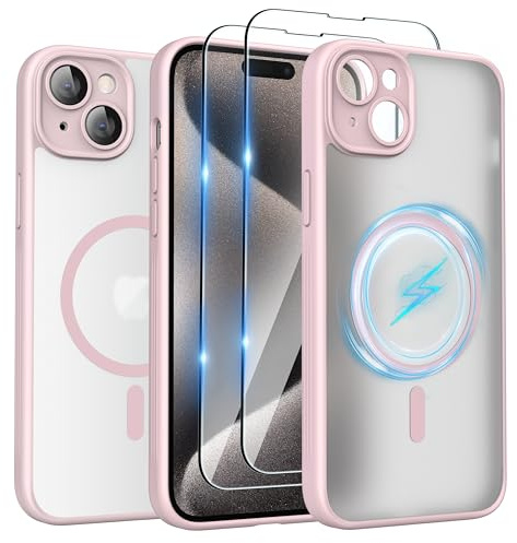 SURPHY Cover Magnetica per iPhone 15 plus con 2 Vetro Temperato（6,7''）, Compatibile iphone 15 plus case con Magnetica e Protezione Fotocamera, Custodia Traslucida Posteriore Sottile Antiurto, rosa
