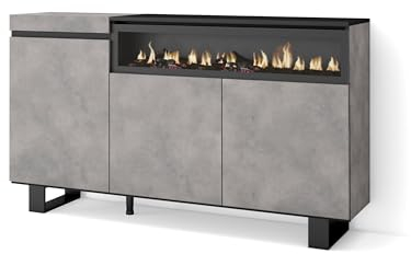 Skraut Home | Aparadores para salón | Gran Capacidad de almacenaje | 150x87x35cm | 3 Puertas | Chimenea eléctrica | Diseño Industrial | Estilo Moderno | Cemento