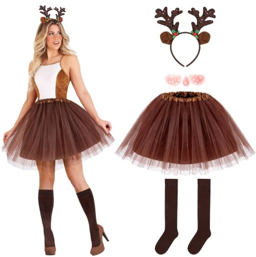 Hifot Disfraz Reno Mujer Falda Tutú Diadema Navidad Halloween Carnaval Animal Cosplay Fiesta