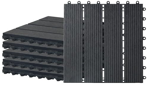 Set of 12 BLACK WPC Composite Decking Tiles Interlocking with Wood Effect Outdoor Garden Patio Deck Slab Panels Flooring Boards Cover 30cm x 30cm Heavy Duty Plastic
