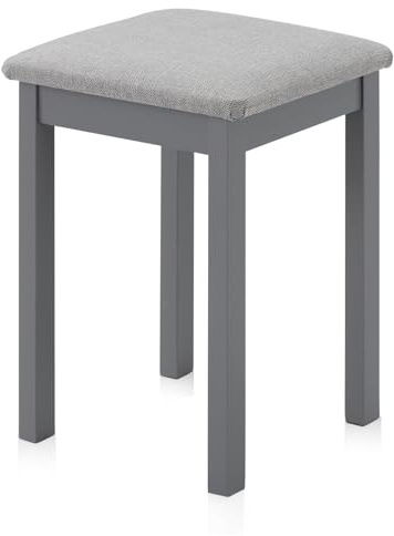 KHG Sitzhocker Holzhocker grau lackiert, Schminkhocker, Landhausstil | Webstoff gepolstert Flur Garderobenhocker Küchenhocker 36 x 36 x 47 cm, Buche Holz Massiv bis 110 kg belastbar