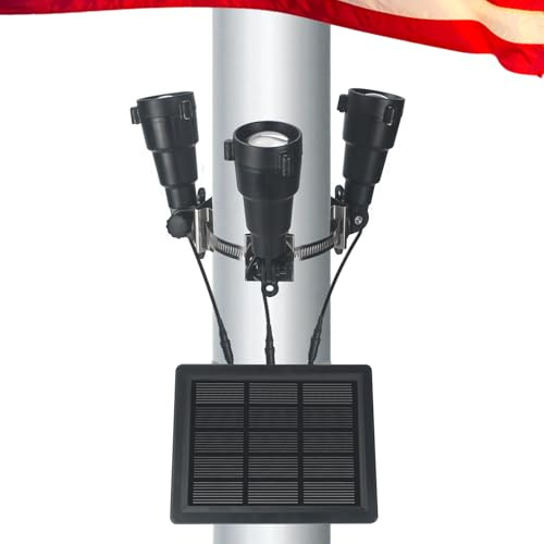 GULADUS Flag Pole Light Solar Powered, 3 Super-Spotlights PC Crystal LED, IP65 Waterproof Flagpole Light Solar Powered Fits 2-3.5''Flag Poles, 360 Degrees of Flag Illumination Flag Ground House