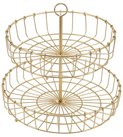 Cesta de Frutas de 2 Niveles, Encimera Nórdica Dorada, Frutero, Cesta de Alambre, Estante, Bandeja de Almacenamiento de Refrigerios Redonda de Metal Desmontable para el Hogar, Cocina de Escritorio de