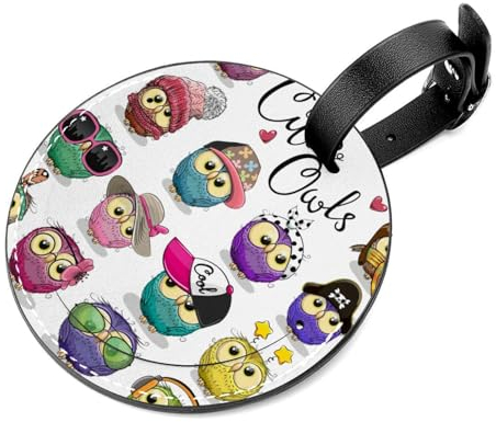 Gepäckanhänger aus Leder mit Edelstahl-Schlaufe, pelzige Eule, Team, Gepäckanhänger für Handtasche, Reisekoffer, mit Namensausweis, perfekt zum schnellen Auffinden von Gepäck, Koffern, 2 Stück