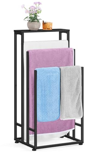 smusei Standing Towel Holder, 3-Tier Towel Rack with Wooden Shelf, Stainless Steel Bath Towel Holder for Living Room, Bathroom 40 x 30 x 82 cm, Black