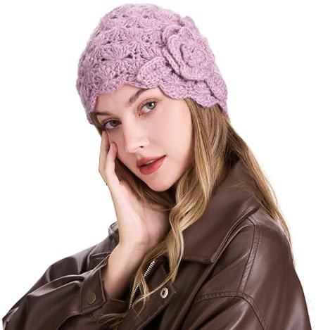 ZLYC Damen Winter Vintage Wolle Strickmützen Beanie Bowler Hut(Rose Lila),Einheitsgröße