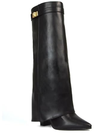 Women's Knee High Foldover Boots Ladies Black Faux Leather Block Heel Point Toe Size 3-8