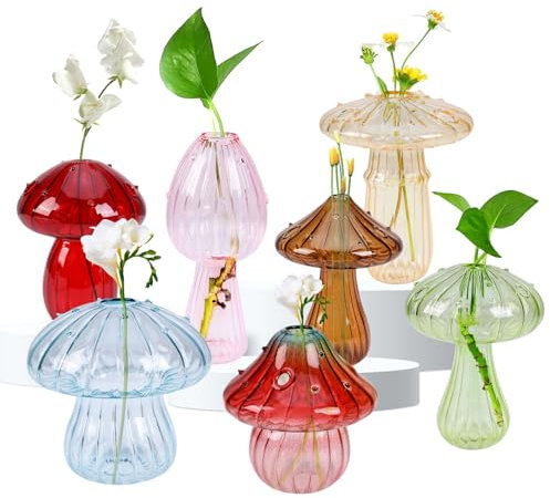 OT-NVWOZR 7pcs Mushroom Bud Vase, Small Vases for Flowers, Coloured Glass Vase Terrarium Planter Jar for Decor, Cute Propagation Station Hydroponic Container Mushroom Decor for Room Home Bedroom