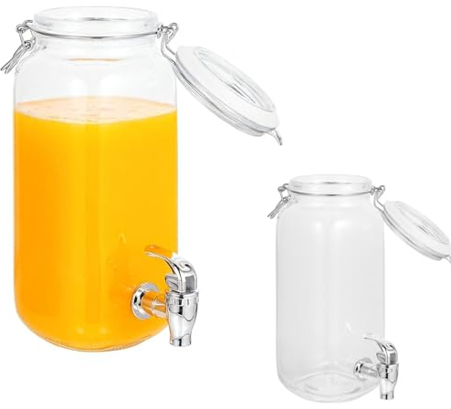 Glass Drink Dispenser with Tap - 2L Fridge Cold Beverage Dispenser for Juice, Iced Tea, Cocktail, Picnic, BBQ, Parties, Counter