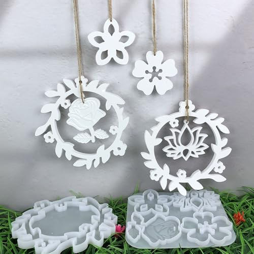 Silikonformen Gießformen Frühling, 4 Stück Silikonform Frühling Anhänger Silikonform Blumen mit Hase Kranz Silikon form Ostern Anhänger Giessformen Silikon Frühling Ostern (B)