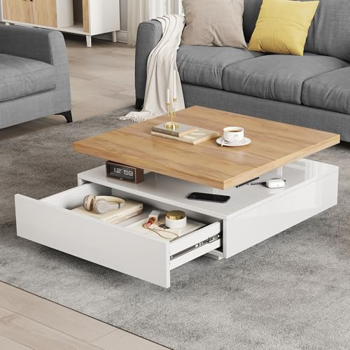 Cajón de café cuadrado multifuncional giratorio de 360°, color blanco brillante de 2 niveles, mesa central giratoria y armario de almacenamiento, marco de madera de nogal, mesa auxiliar para salón,