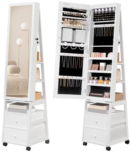 Hzuaneri JC37503BV1 Armoire à bijoux verrouillable avec 2 tiroirs, orientable à 360°, éclairage sur quatre roulettes, miroir complet, blanc