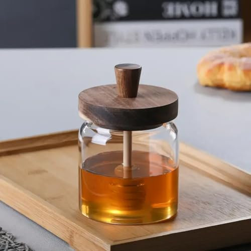 Genérico Tarro para la Miel o cualquier alimento con Tapa de Madera, Dispensador de Vidrio con Dipper, Diseño Elegante para Cocina