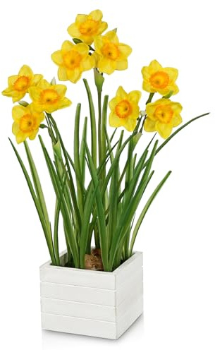 Hollyone 15.7'' Yellow Artificial Flowers, Fake Daffodils Silk Flowers in Wooden Pot, Decorative Fake Daffodil in Pot for Home Decor, Shelf, Dining Table, Living Room, Windowsill, Spring Decorations