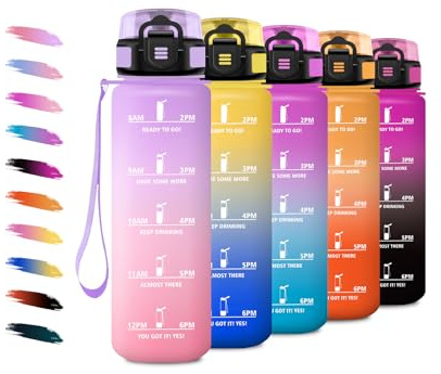 Trinkflasche 1L, Wasserflasche Kohlensäure Geeignet, Trinkflasche mit Filte, Auslaufsicher, Motivierende Wasserflasche mit Zeitmarkierung, Sportflasche für Fitness, Camping, Fahhrad, Wandern, Yoga