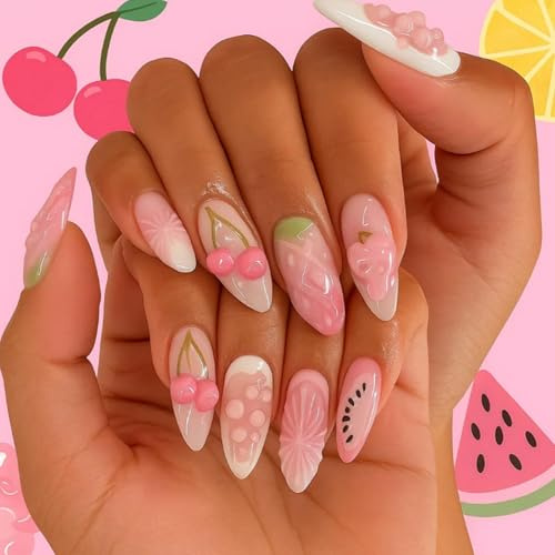 24-Piece Long Almond Press-On Nails, Pink 3D Fruit Floral Design | Long glossy tips, cherry and watermelon patterns, reusable design, easy manicure, for casual outings and summer events